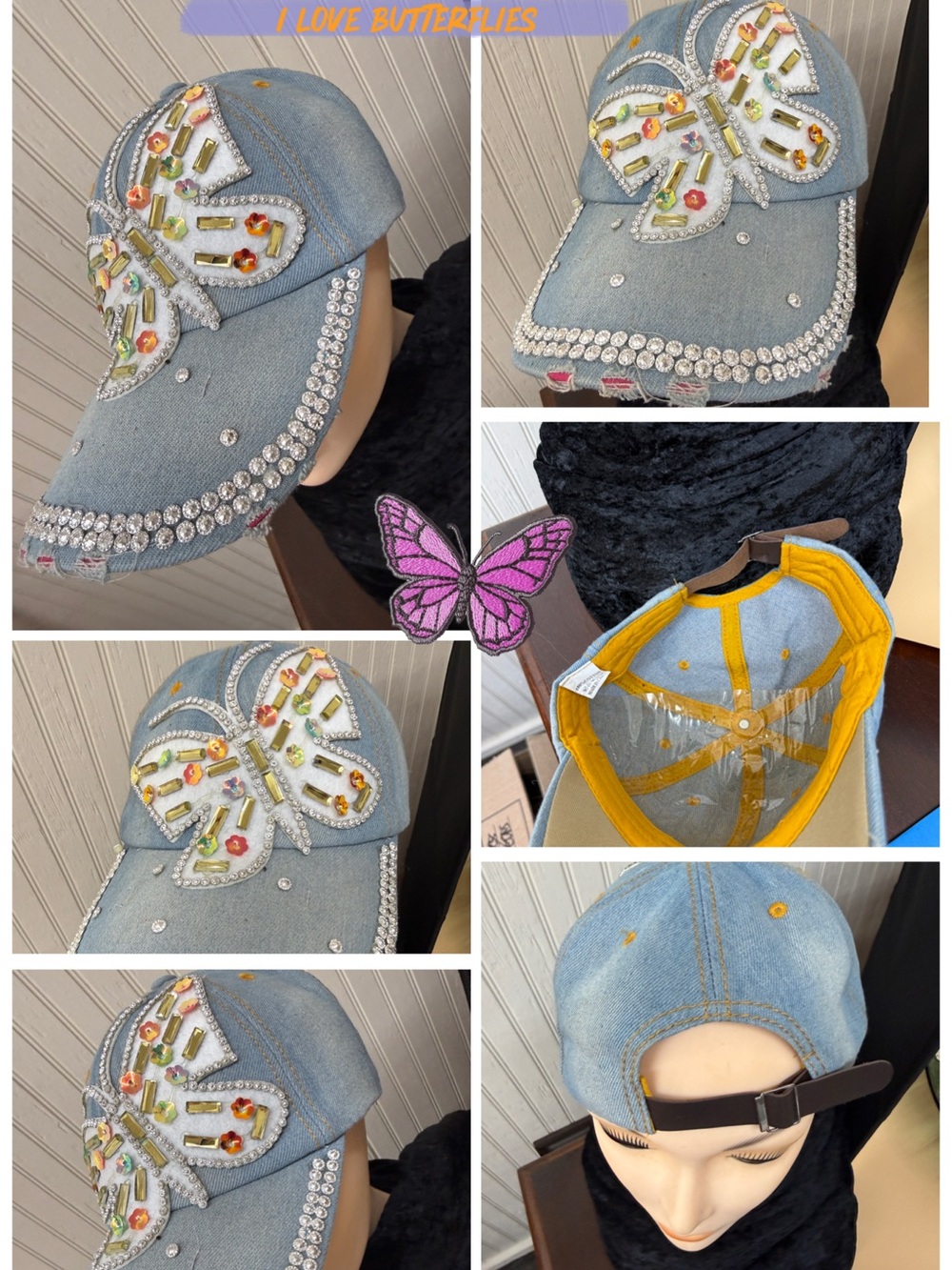 Denim Butterfly Rhinestone Baseball Cap Bling Distressed Y2K Hat Blue OS